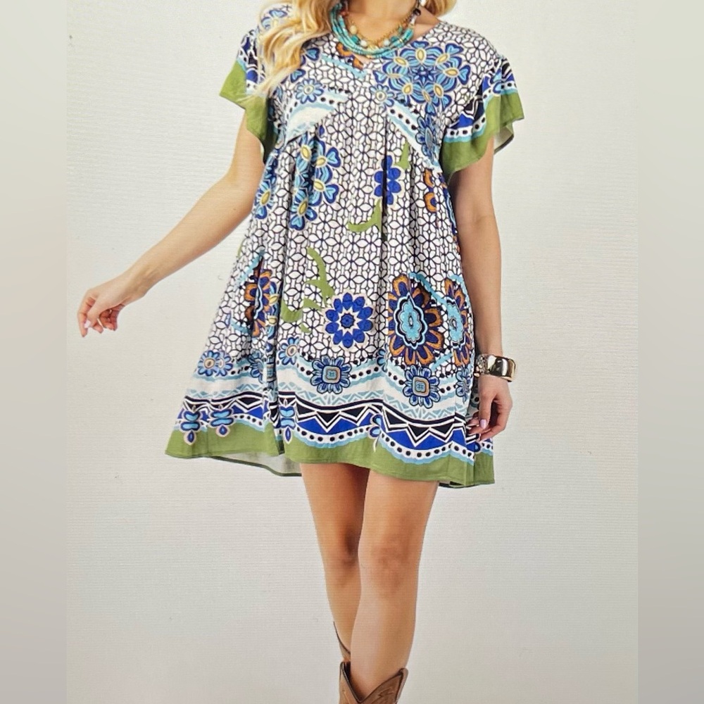 Floral Green and Blue Women's Dress